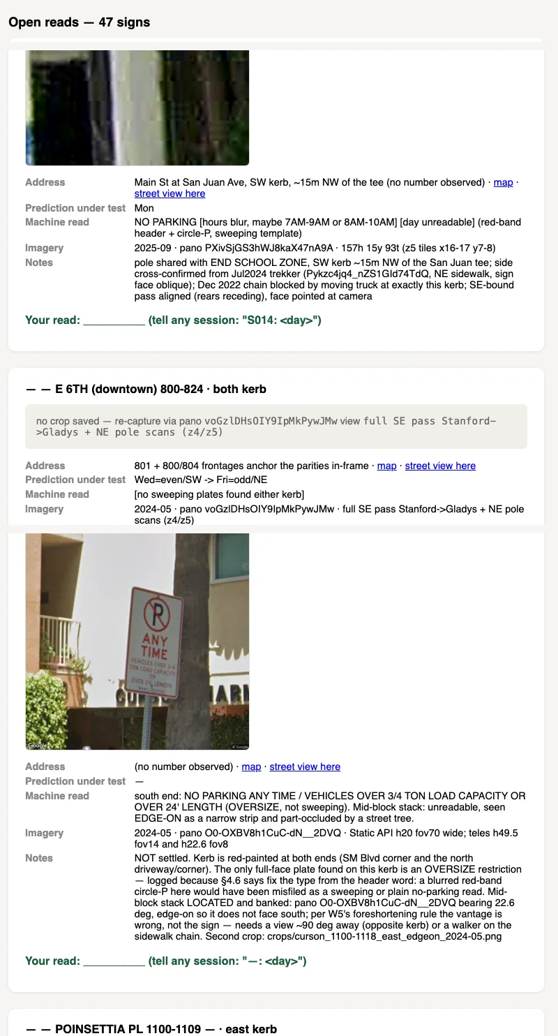 The open reads list from the morning brief: 47 signs, and two of its cards with the walker's crop attached, a Main Street plate with the hours blurred and a Curson Avenue oversize ban the walker refused to settle as a no-parking rule, each with a blank line for my read.