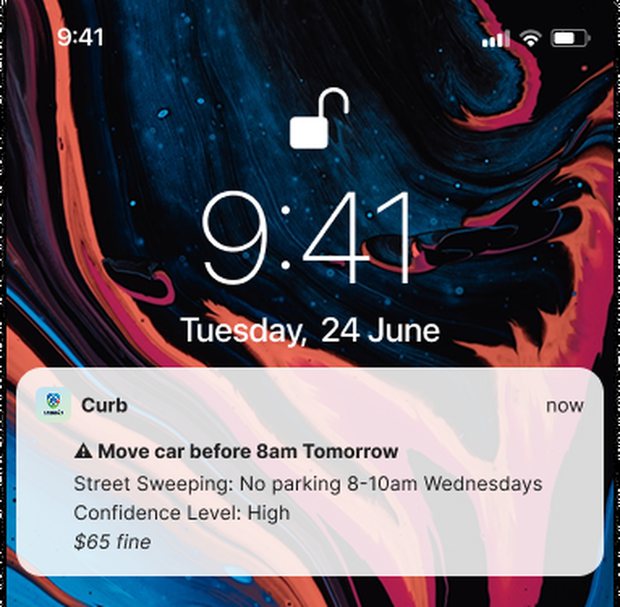A lock screen notification from Curb: move car before 8am tomorrow, street sweeping, confidence high.