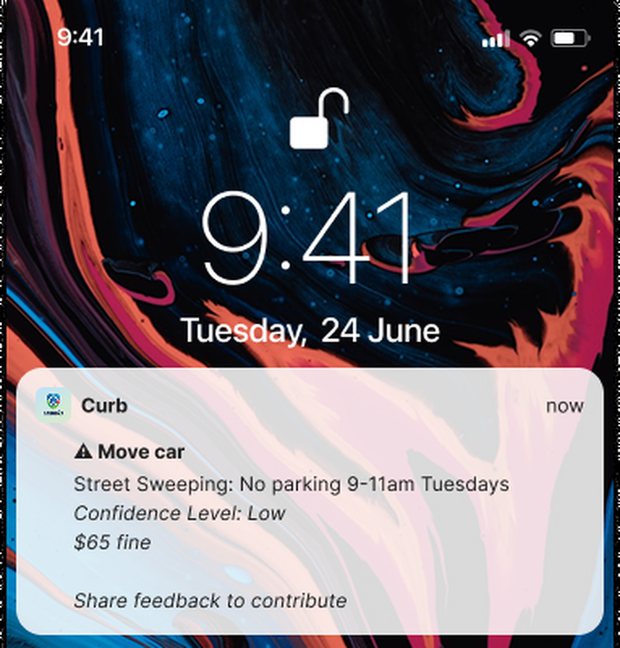 Lock screen notification with a low confidence label and an invitation to share feedback.